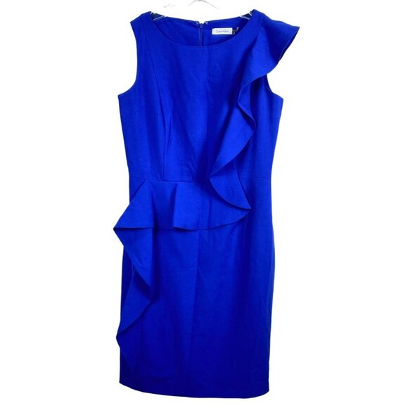 Calvin Klein Royal Blue Ruffle Sheath Dress Size 8 - Picture 2 of 15